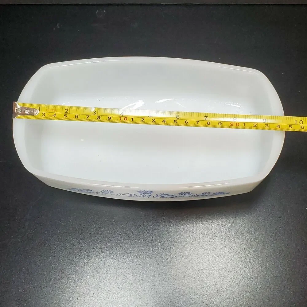 Vintage Federal Oven Proof White Milk Glass Blue Lady Michelle Floral Loaf Dish